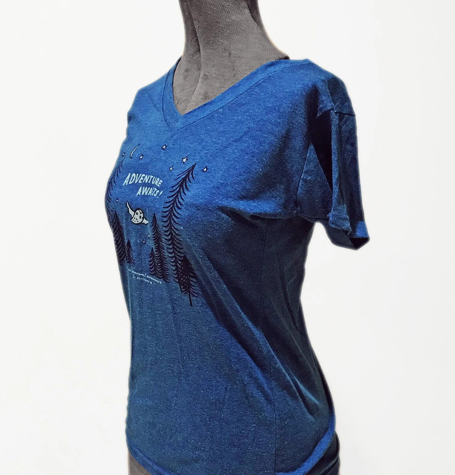 Adventure Awaits Women's Shirt -- V-Neck Tee (Blue)
