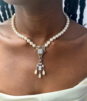 Antique Gold Victoria Pearl and Cubic Zirconia Necklace