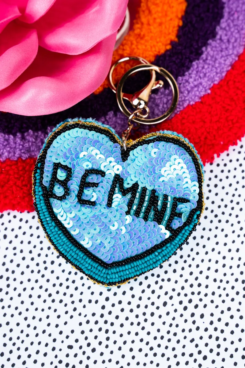 BE MINE Blue Sequin Keychain