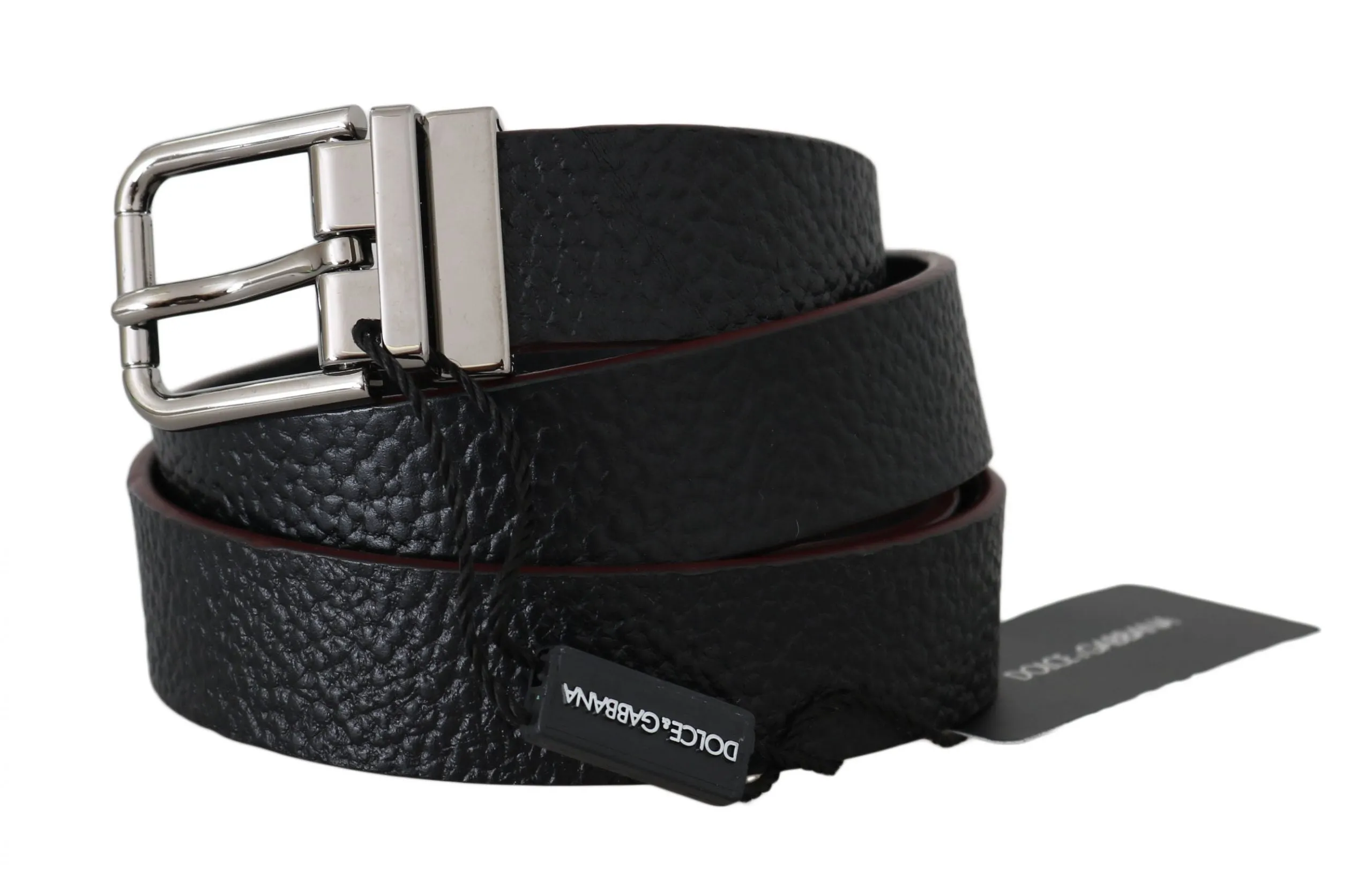 Belt Black Leather Patterned Silver Buckle