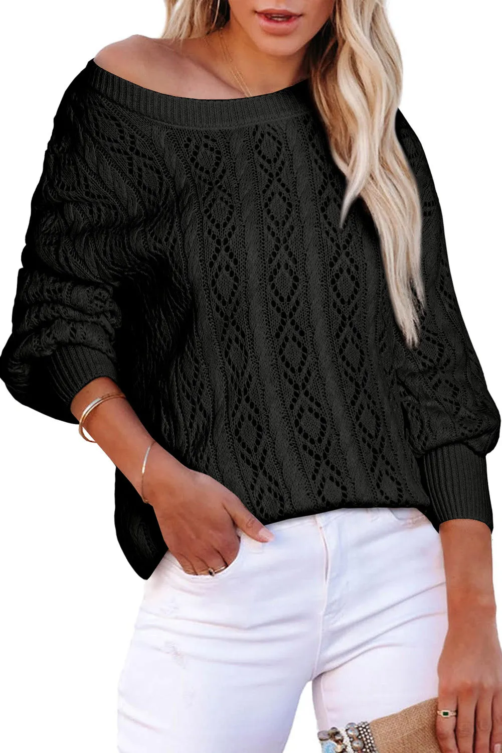 Black Exquisite Knitted Puff Sleeve Sweater