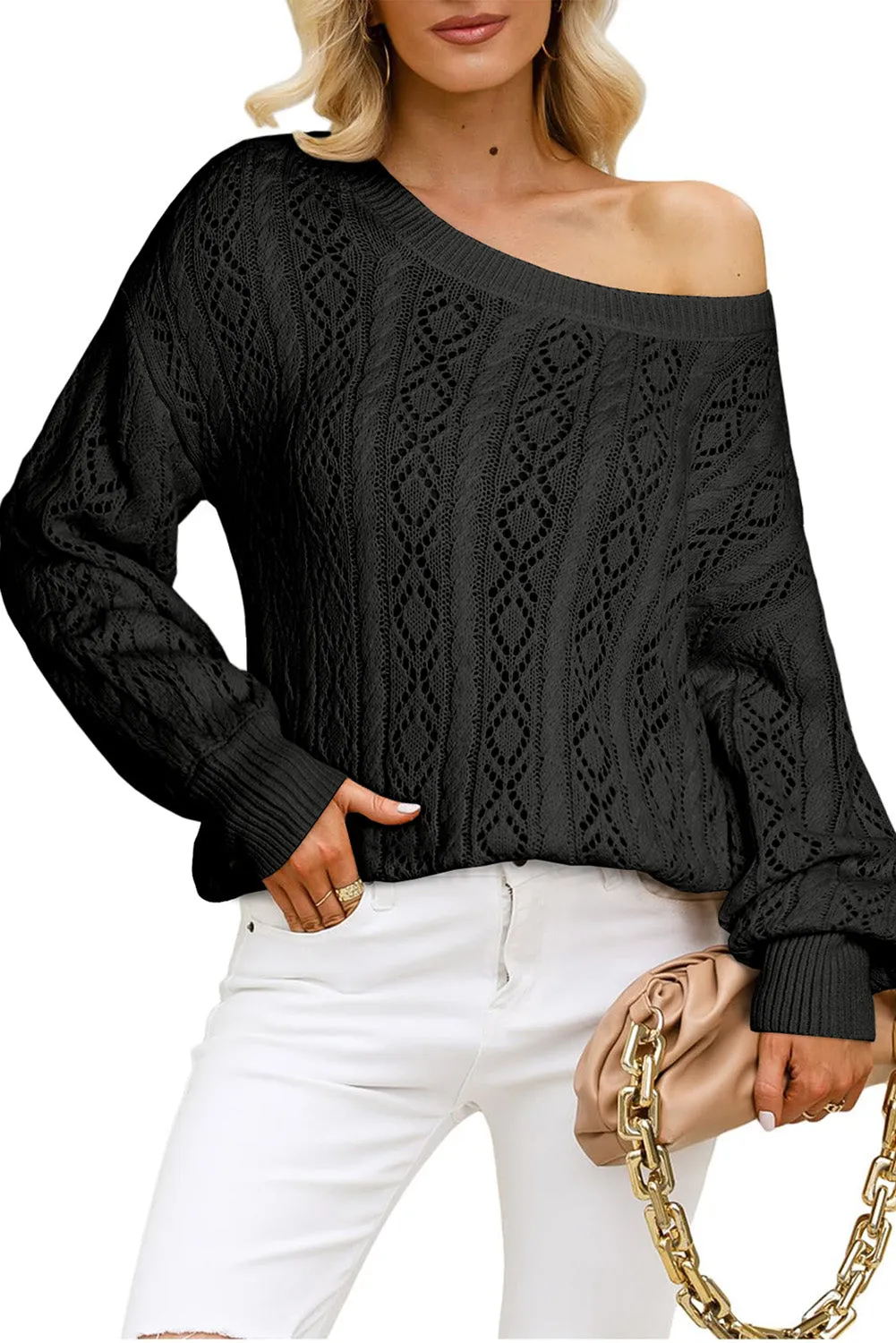 Black Exquisite Knitted Puff Sleeve Sweater