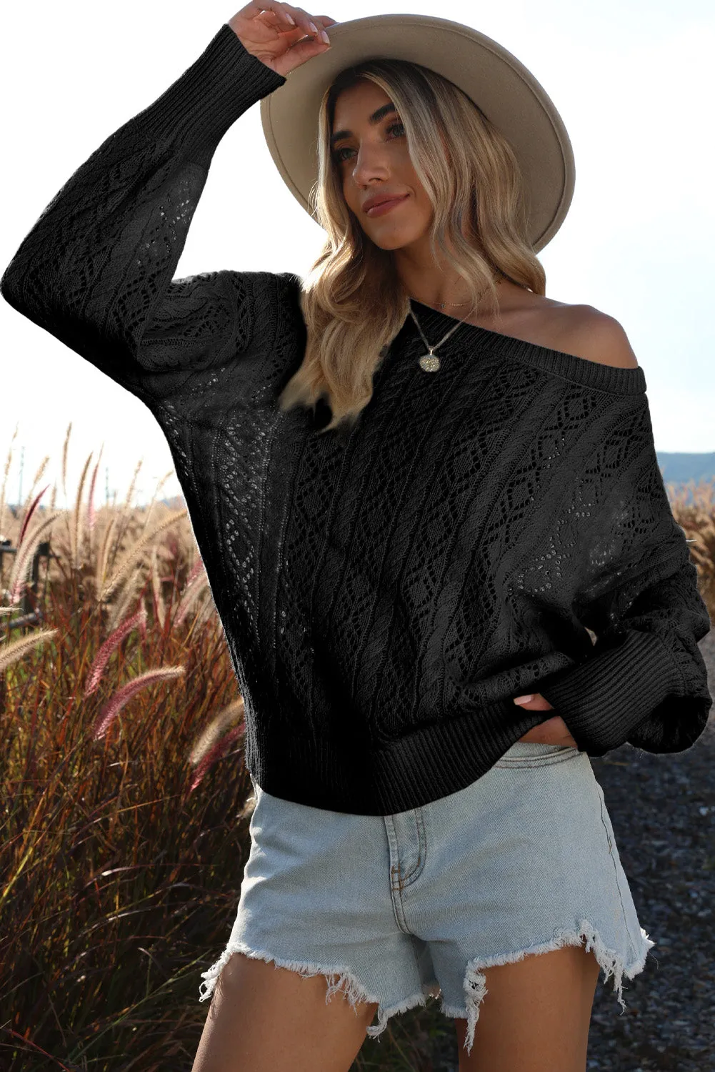 Black Exquisite Knitted Puff Sleeve Sweater