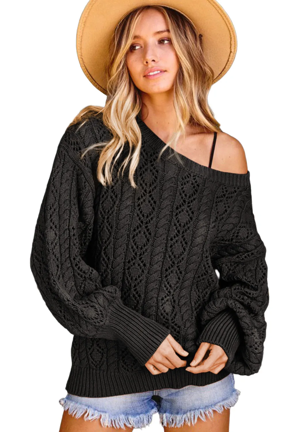 Black Exquisite Knitted Puff Sleeve Sweater