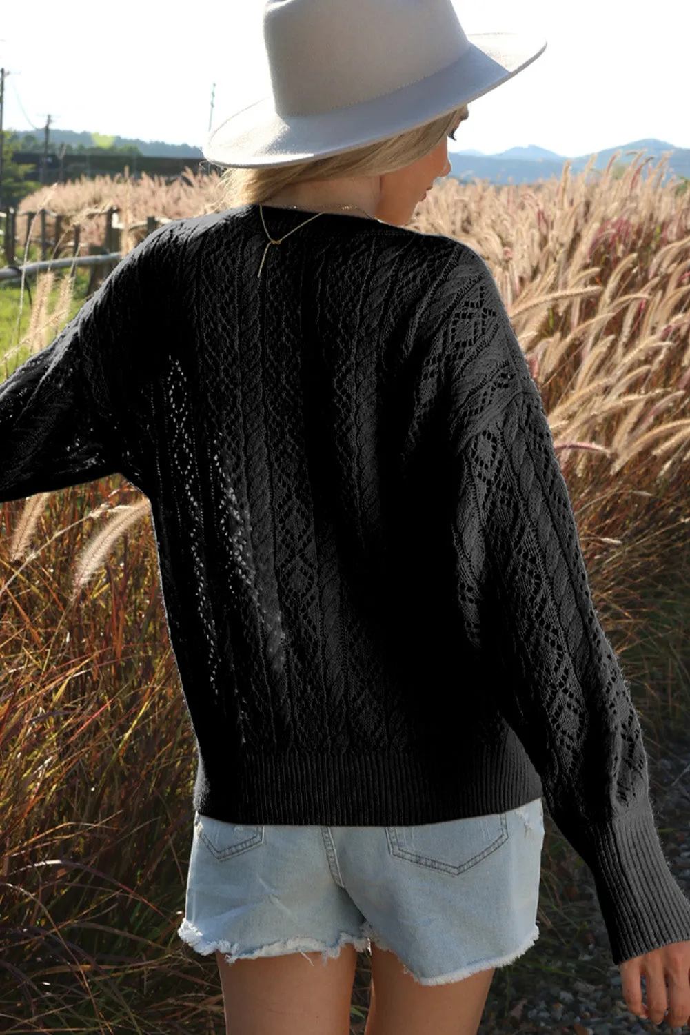 Black Exquisite Knitted Puff Sleeve Sweater