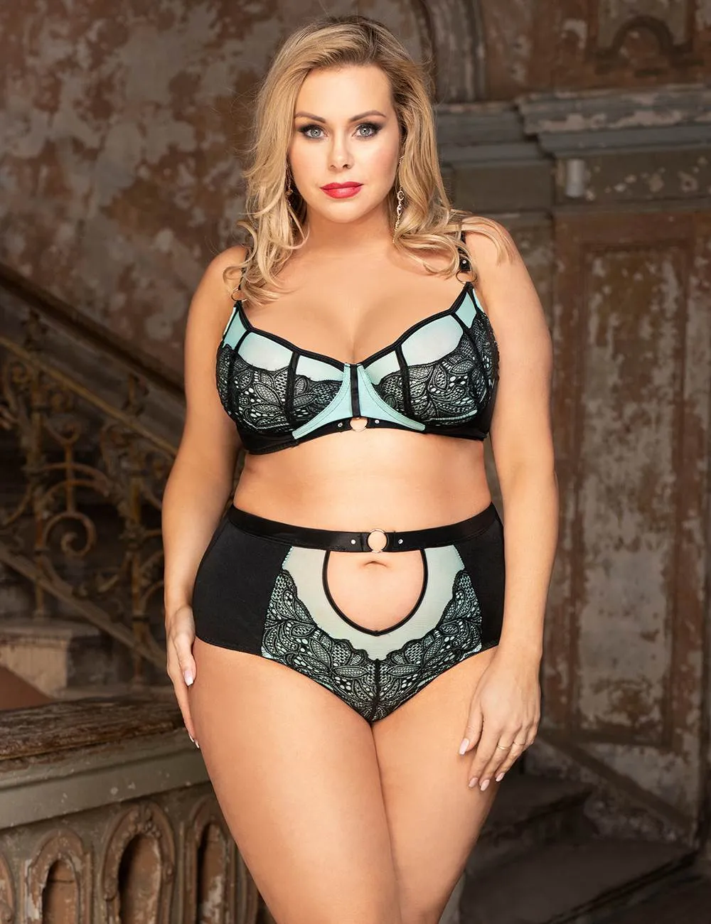 Blue Exquisite Sexy Lace Splice Bra Set With Underwire