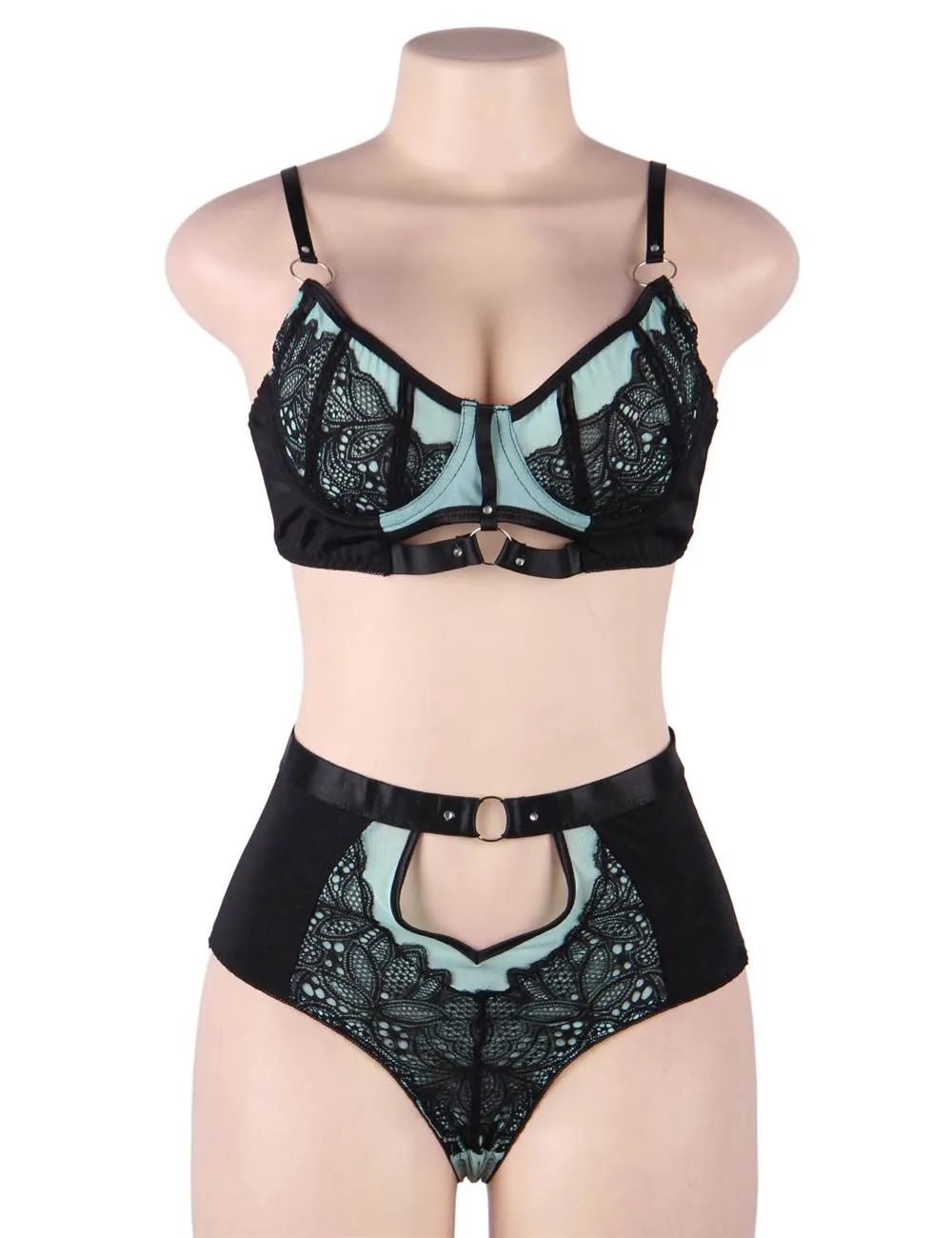 Blue Exquisite Sexy Lace Splice Bra Set With Underwire