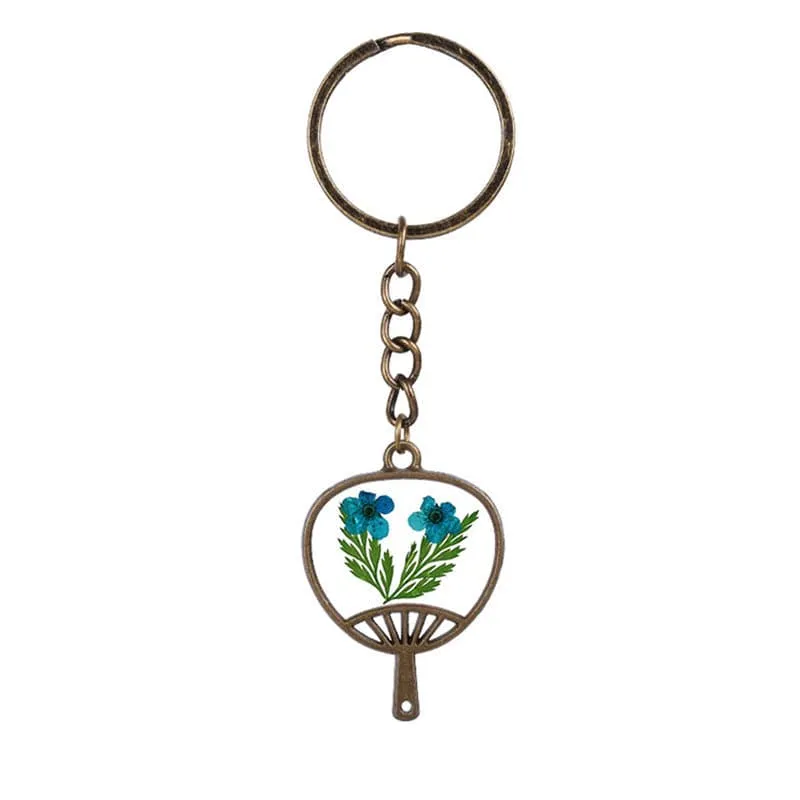 Blue Peach Blossom & 18K Gold-Plated Fan Keychain