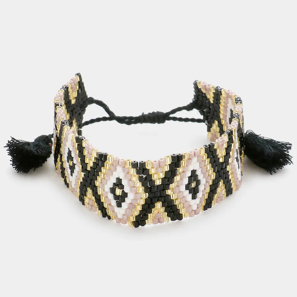 Boho Beaded Tassel Pull Tie Cinch Bracelet