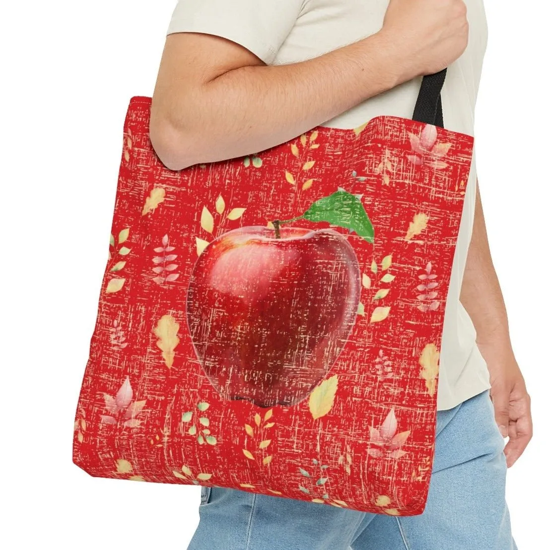 Bright Red Apple on Red Leaf Pattern Large Tote Bag - Fresh and Vibrant Fall Accessory