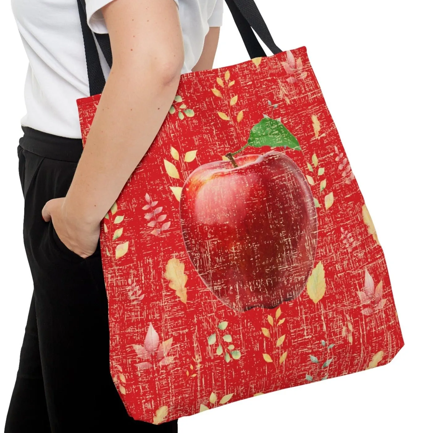 Bright Red Apple on Red Leaf Pattern Large Tote Bag - Fresh and Vibrant Fall Accessory