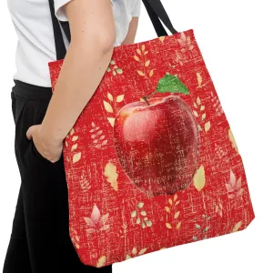 Bright Red Apple on Red Leaf Pattern Large Tote Bag - Fresh and Vibrant Fall Accessory