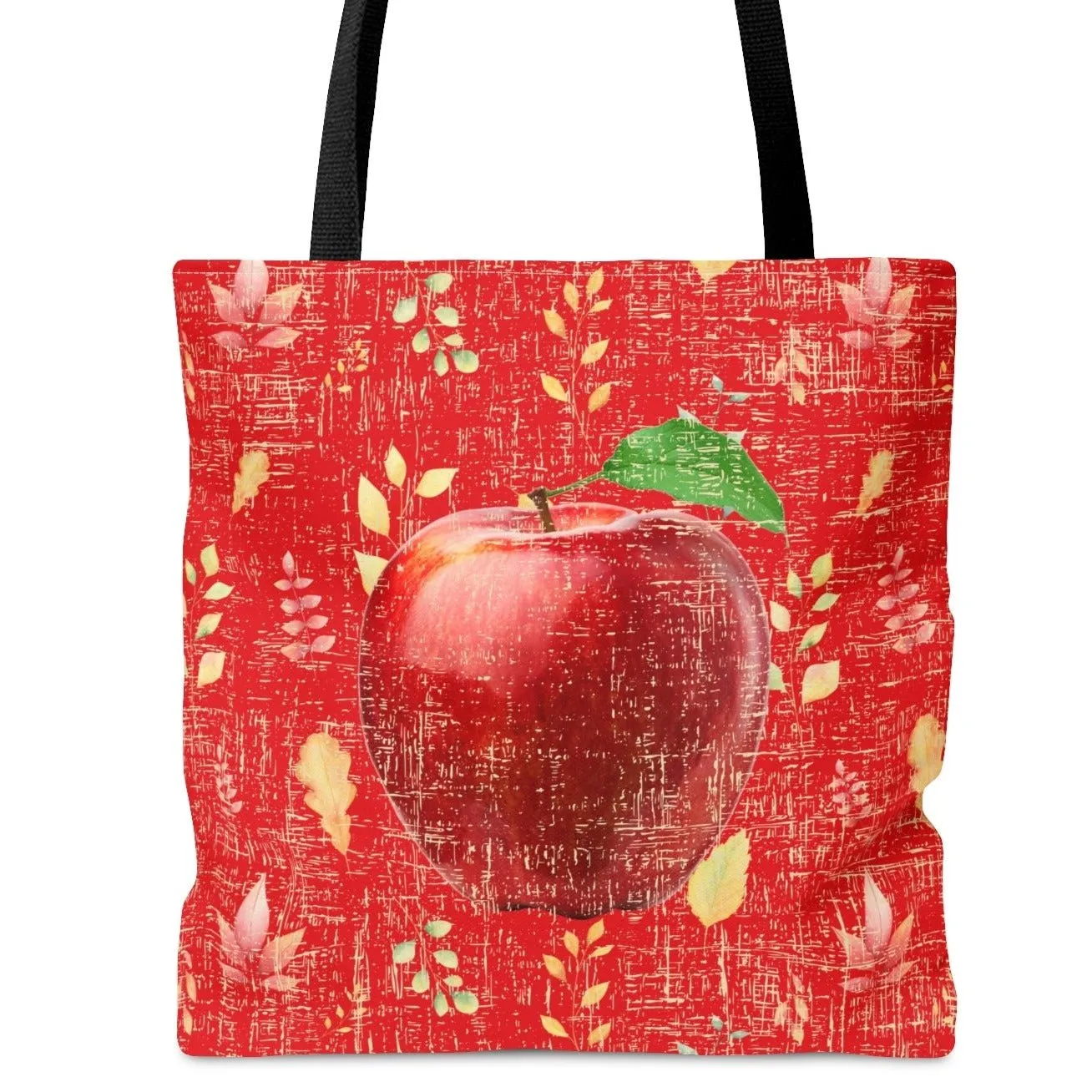 Bright Red Apple on Red Leaf Pattern Large Tote Bag - Fresh and Vibrant Fall Accessory