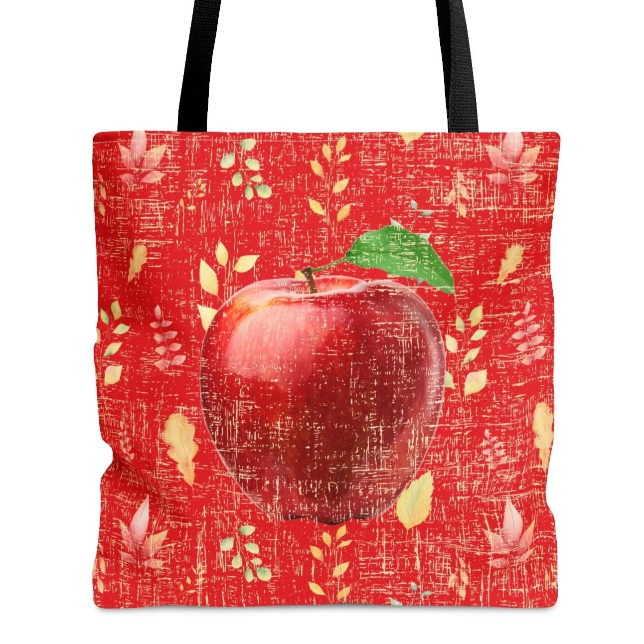 Bright Red Apple on Red Leaf Pattern Large Tote Bag - Fresh and Vibrant Fall Accessory