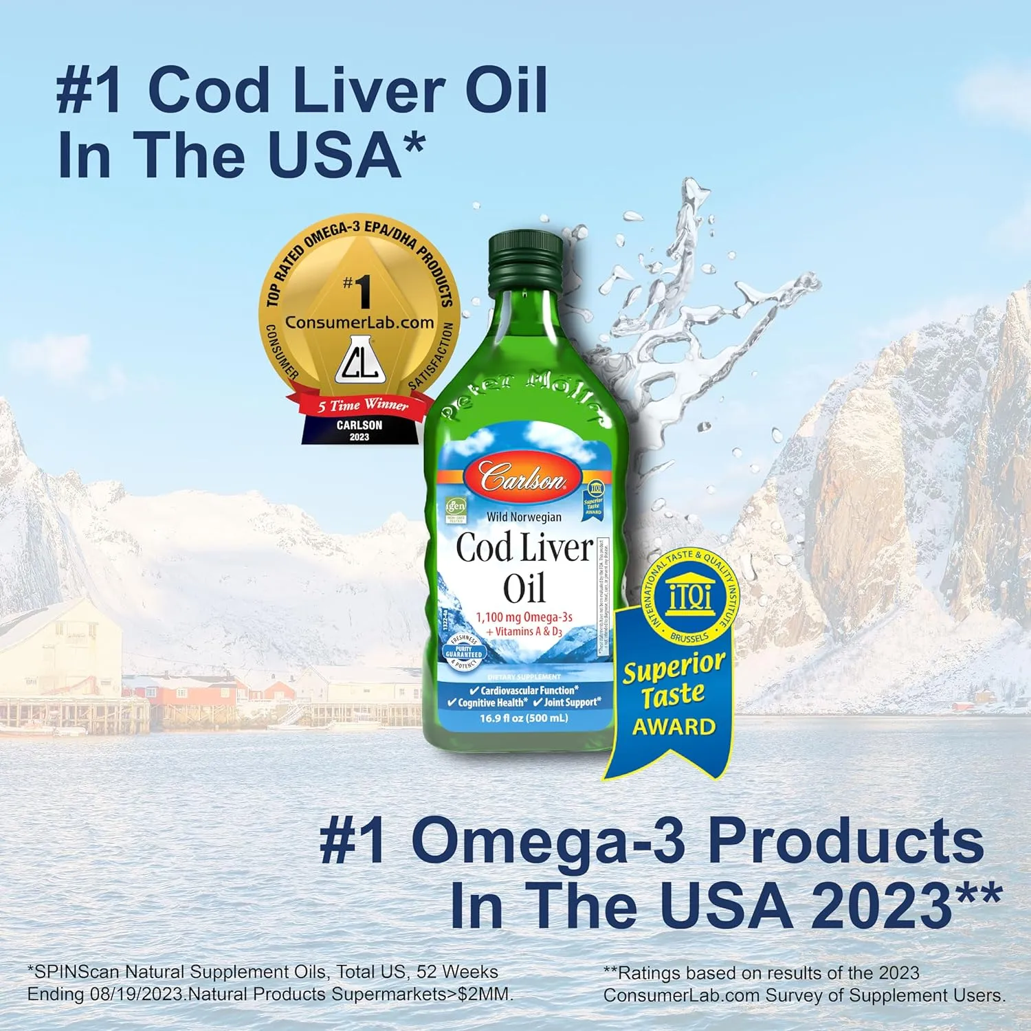 Carlson - Cod Liver Oil, 1100 mg Omega-3s, Wild-Caught Norwegian Arctic Cod-Liver Oil, Sustainably Sourced Nordic Fish Oil Liquid, Unflavored, 500 ml (16.9 Fl Oz)