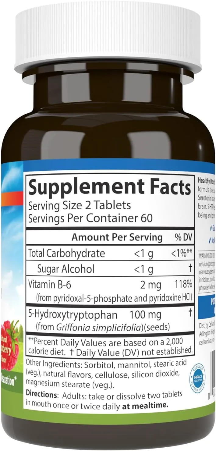 Carlson Healthy Mood 5-htp Elite 50mg Raspberry Chewables, 120 Tablets