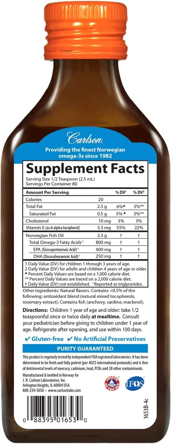 Carlson - Kid's The Very Finest Fish Oil, 800 mg Omega-3s, Norwegian, Sustainably Sourced, Orange, 200 mL