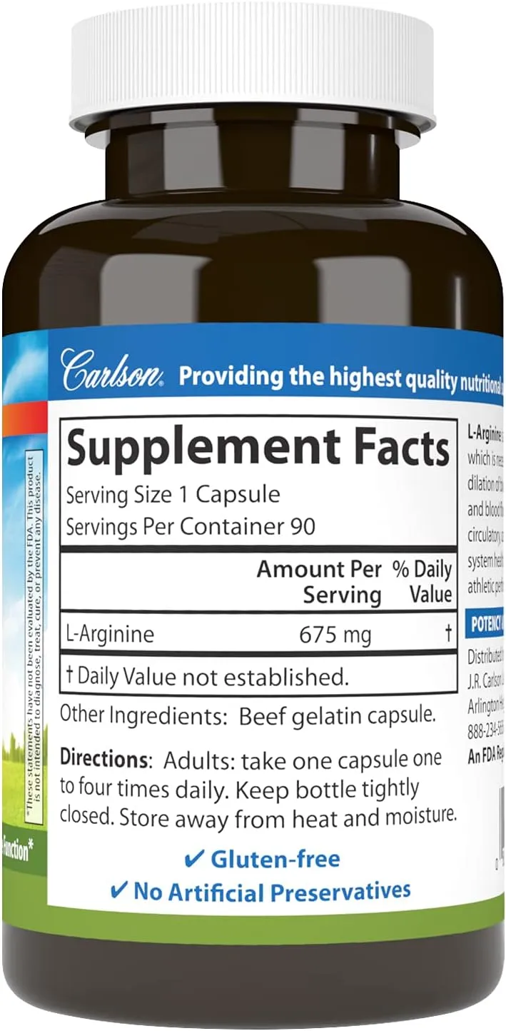 Carlson - L-Arginine, 675 mg, Promotes Healthy Circulatory & Cardiovascular System, 90 capsules