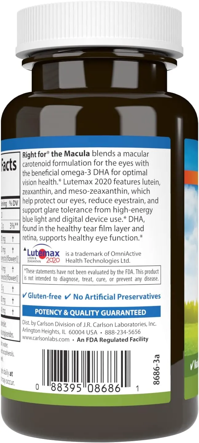 Carlson - Right for The Macula, Clinically Proven to Support Vision Health, Macular Health, Blue Light Protection & Eye Function, 60 Softgels