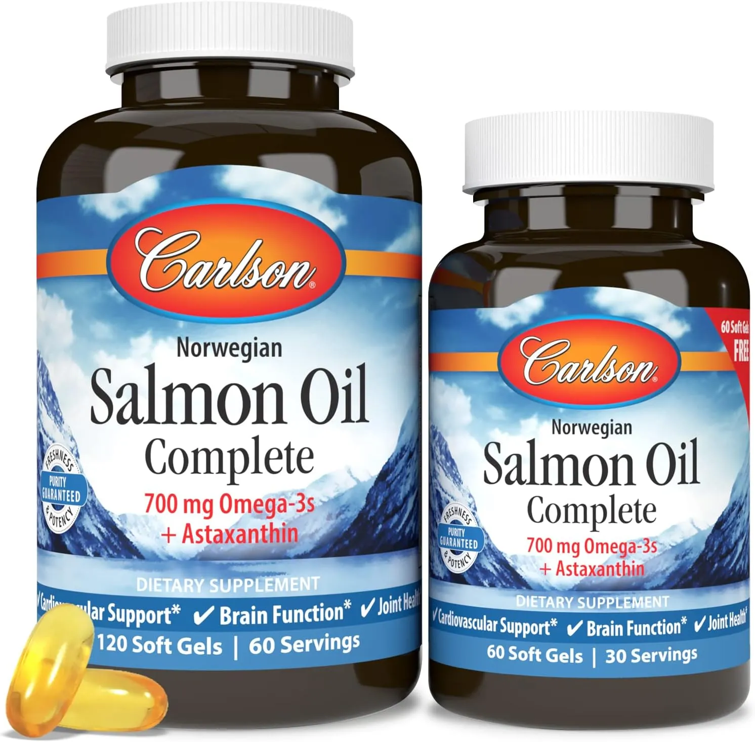 Carlson - Salmon Oil Complete, 700 mg Omega-3s   Astaxanthin, Norwegian, Heart, Brain & Joint Health, 120 60 Softgels