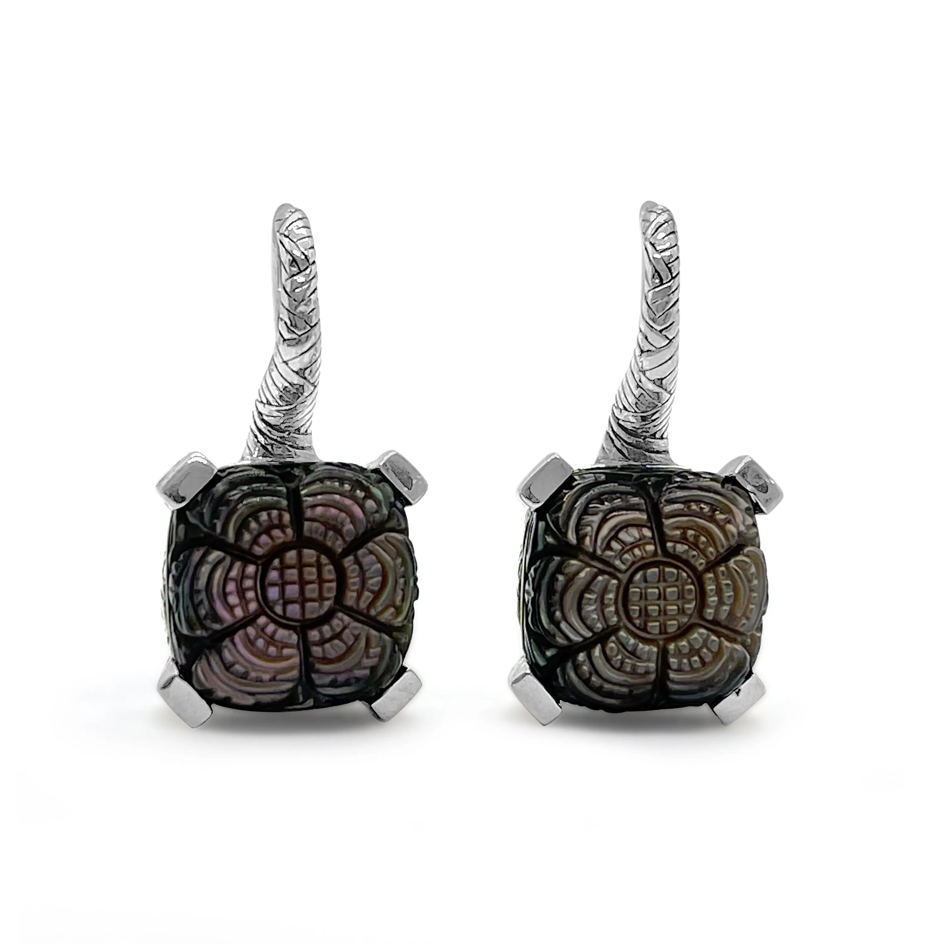 Carventurous Hand Carved Mother of Pearl Earrings in Sterling Silver