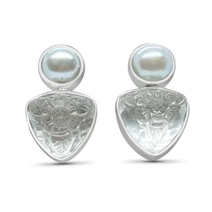Carventurous White Pearl Hand Carved Natural Quartz and Mother of Pearl Clip Earrings in Sterling Silver