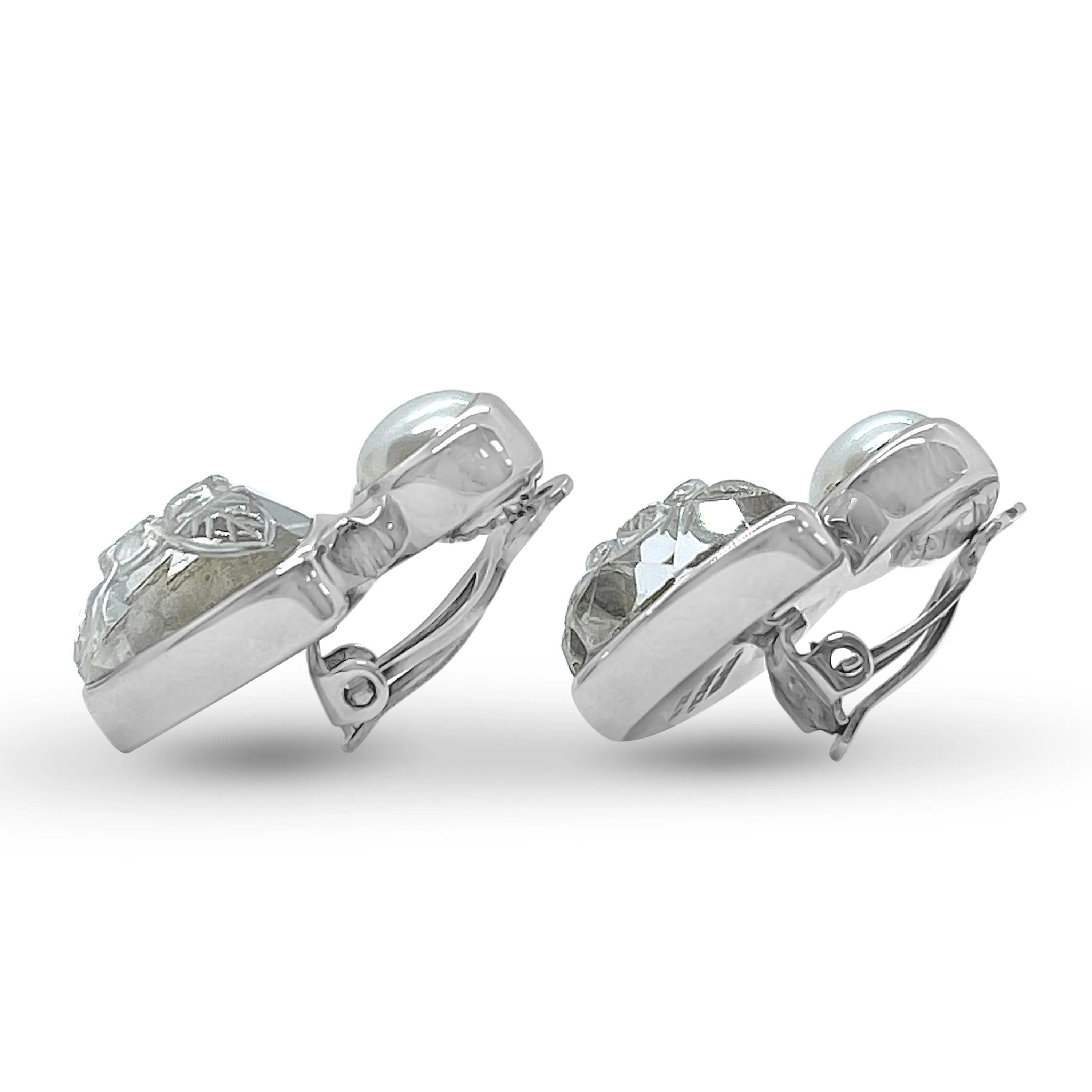 Carventurous White Pearl Hand Carved Natural Quartz and Mother of Pearl Clip Earrings in Sterling Silver