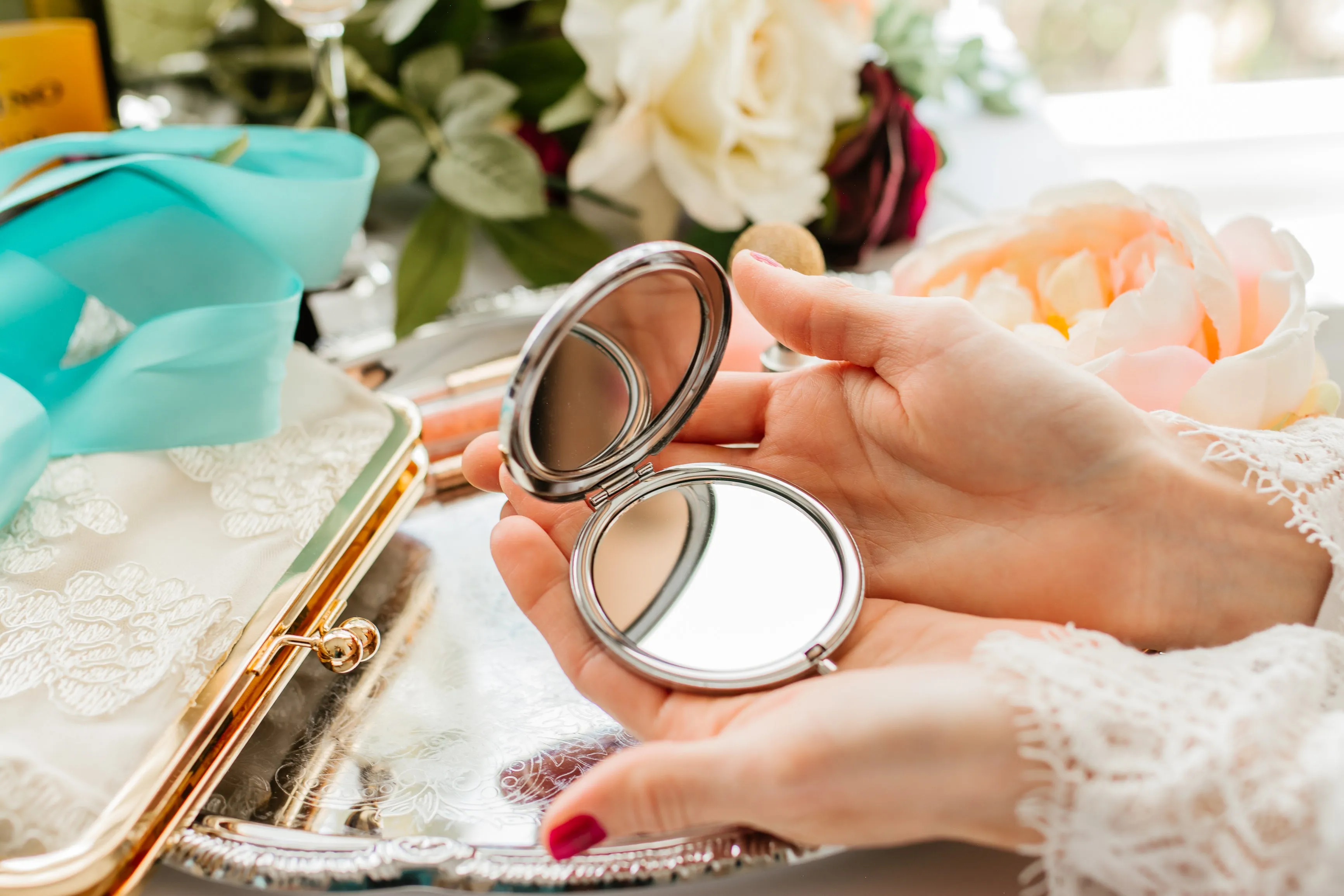Classic Silver Filigree Flower Compact Mirror