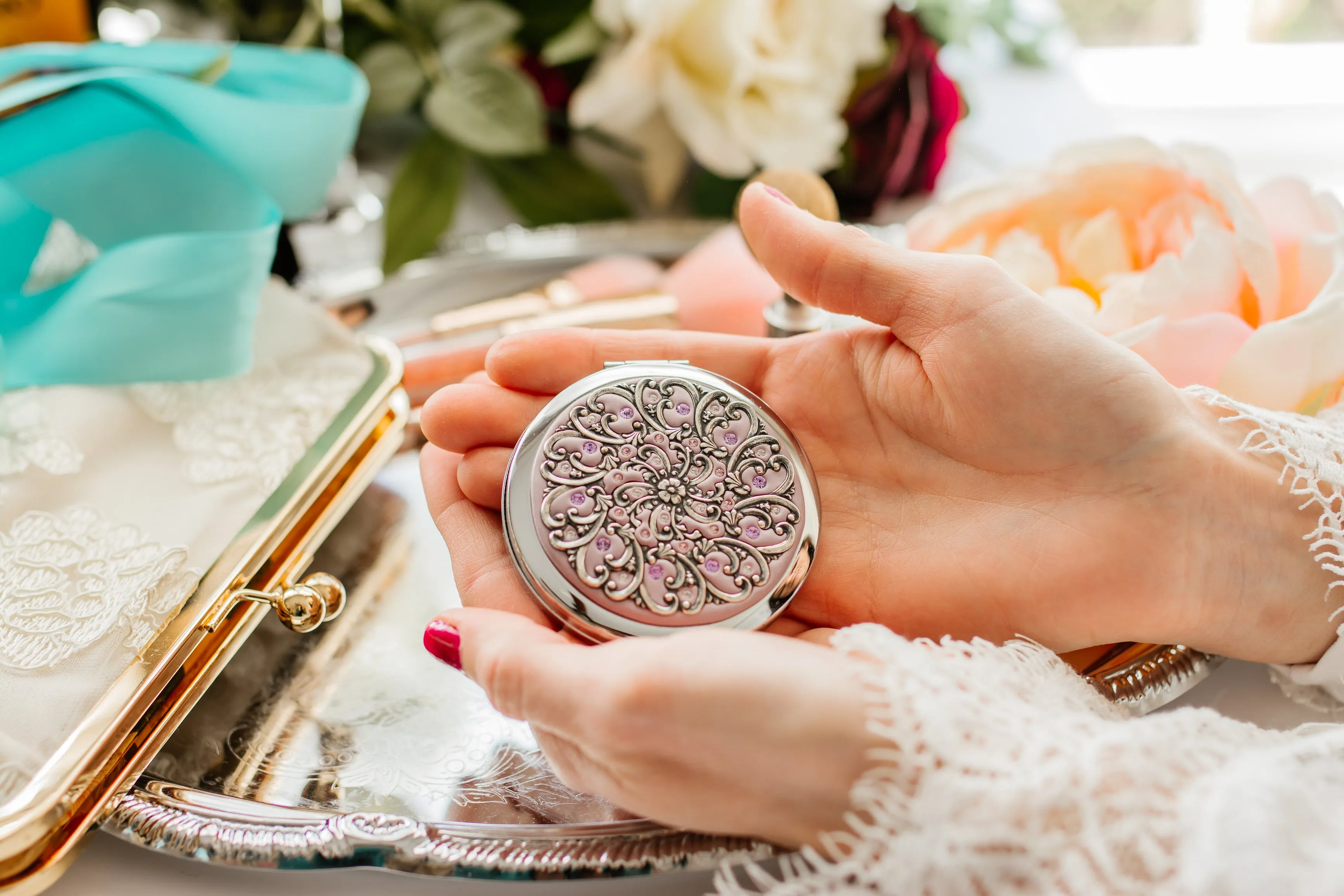 Classic Silver Filigree Flower Compact Mirror