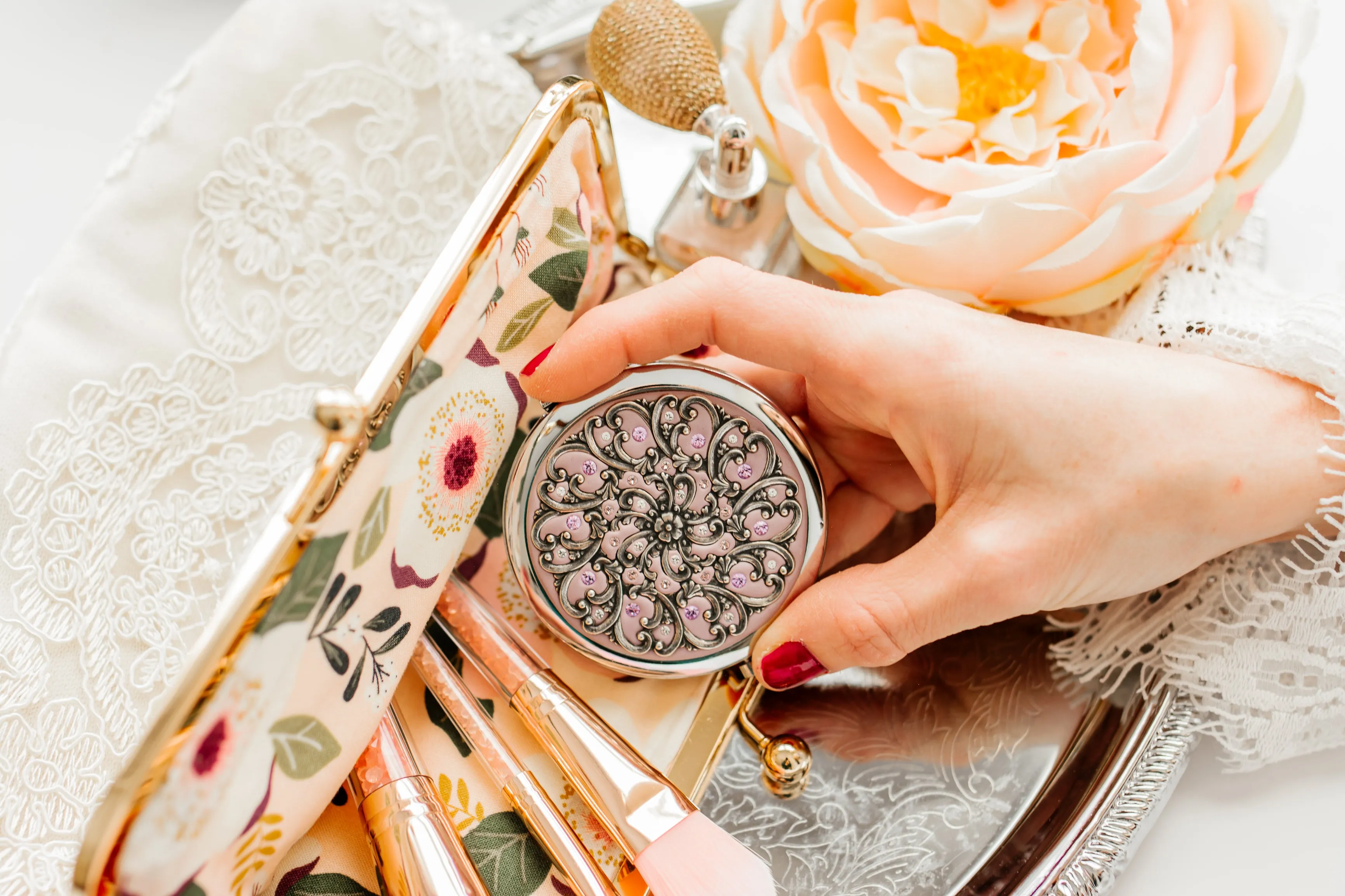 Classic Silver Filigree Flower Compact Mirror