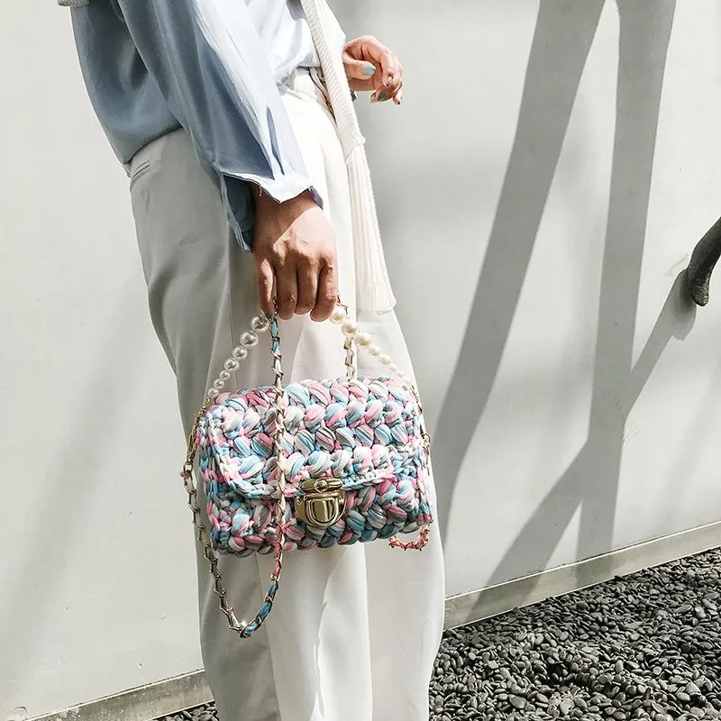 Cute Green&White&Yellow&Blue Crochet Small Handbag Crossbody Purse Crochet Shoulder Bag for Girl Cute Crochet Purses