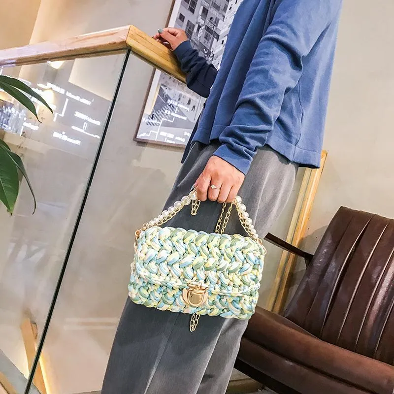 Cute Green&White&Yellow&Blue Crochet Small Handbag Crossbody Purse Crochet Shoulder Bag for Girl Cute Crochet Purses