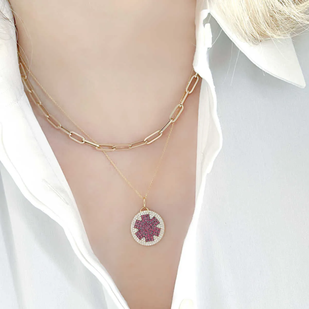 Diamond Medical ID Charm in White Gold with Ruby