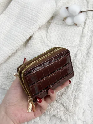 Double Layer Crocodile Pattern Card Holder Purse - Coffee Brown
