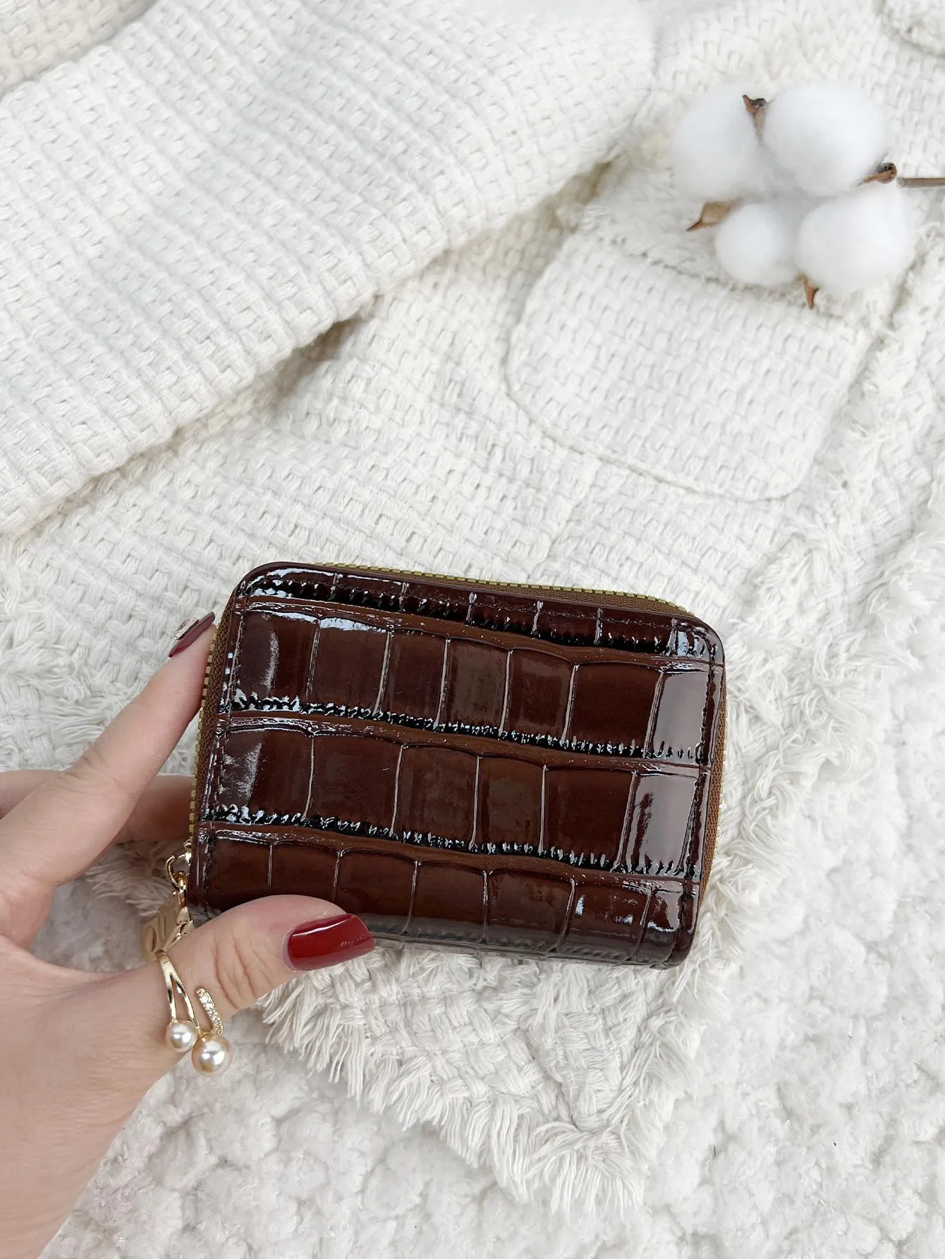 Double Layer Crocodile Pattern Card Holder Purse - Coffee Brown
