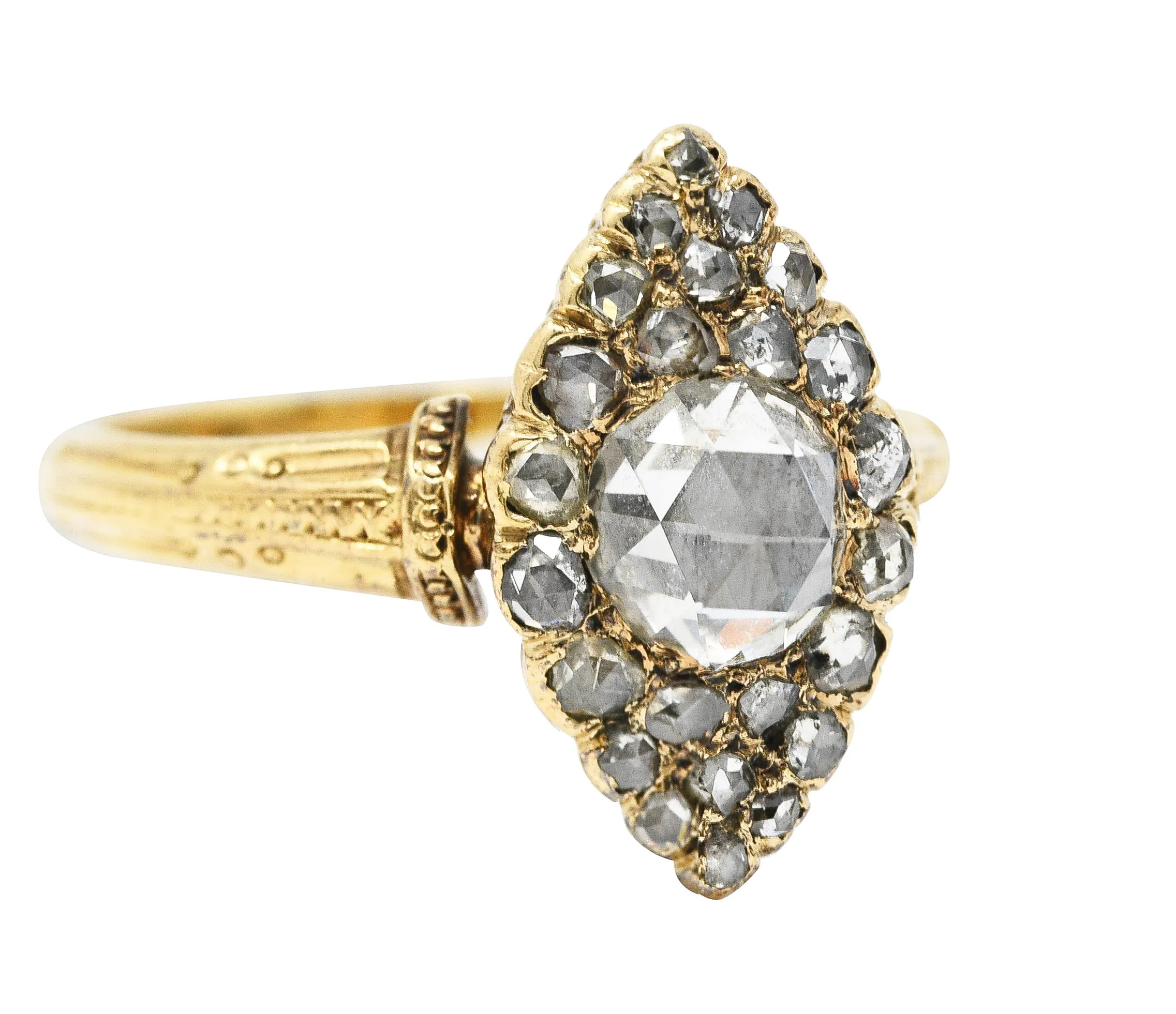 Early Victorian Rose Cut Diamond 18 Karat Yellow Gold Antique Navette Alternative Cluster Ring