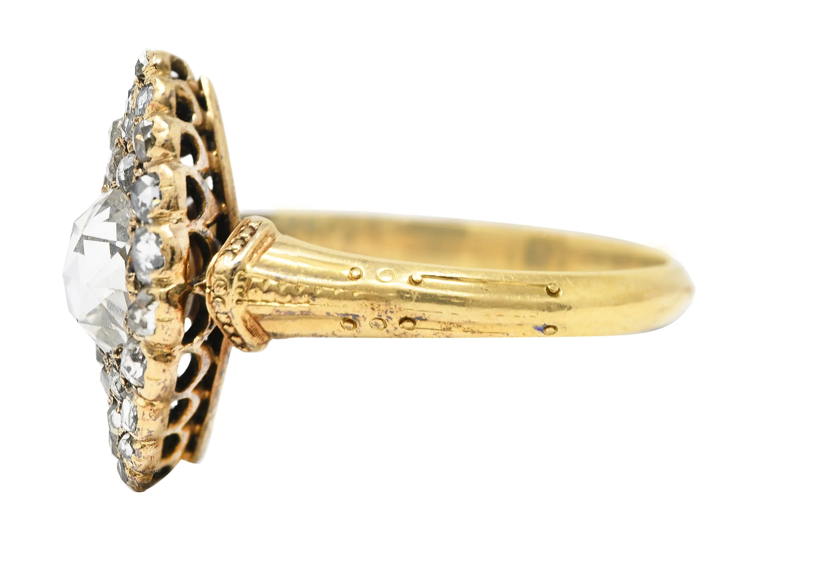 Early Victorian Rose Cut Diamond 18 Karat Yellow Gold Antique Navette Alternative Cluster Ring