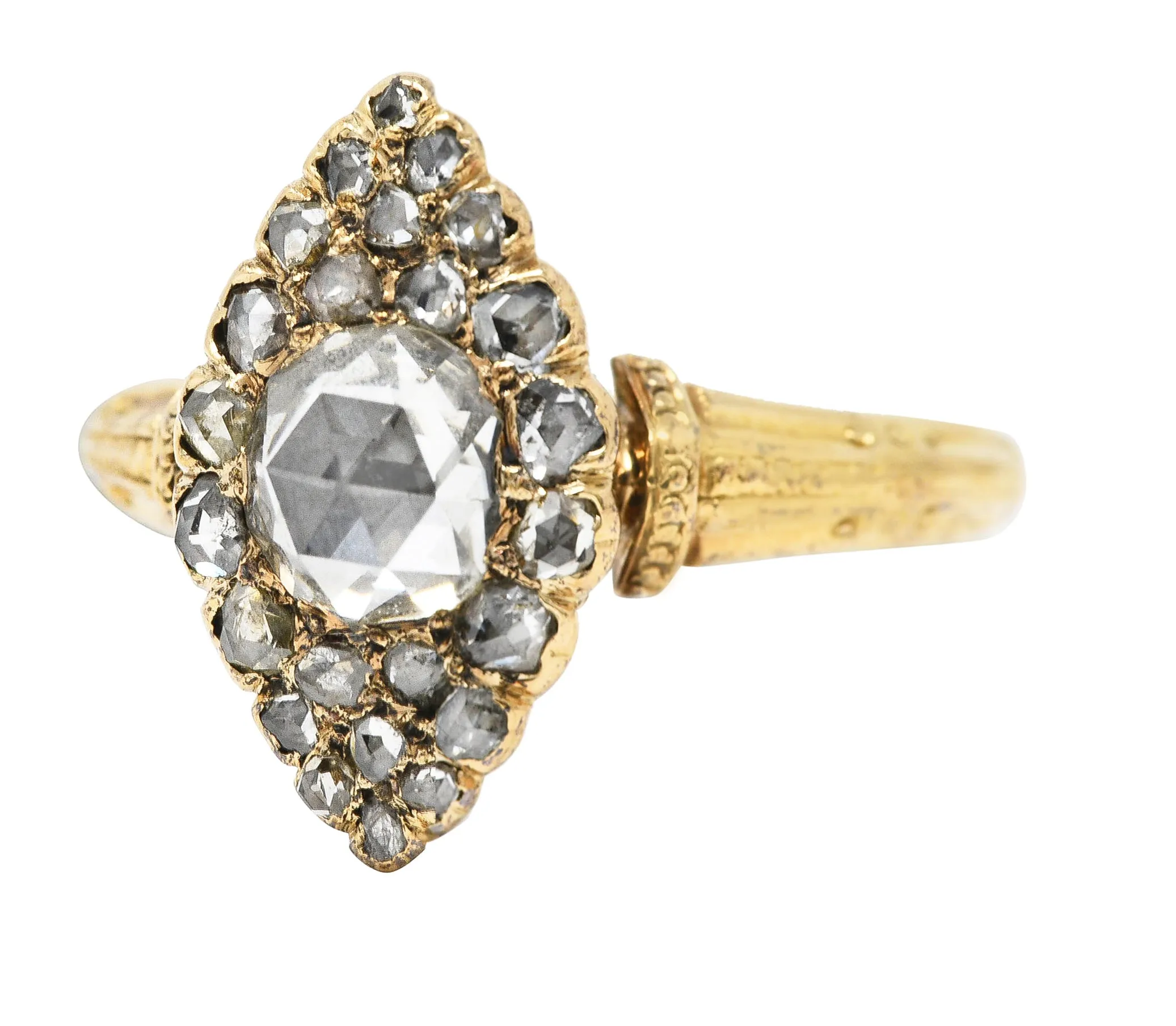 Early Victorian Rose Cut Diamond 18 Karat Yellow Gold Antique Navette Alternative Cluster Ring