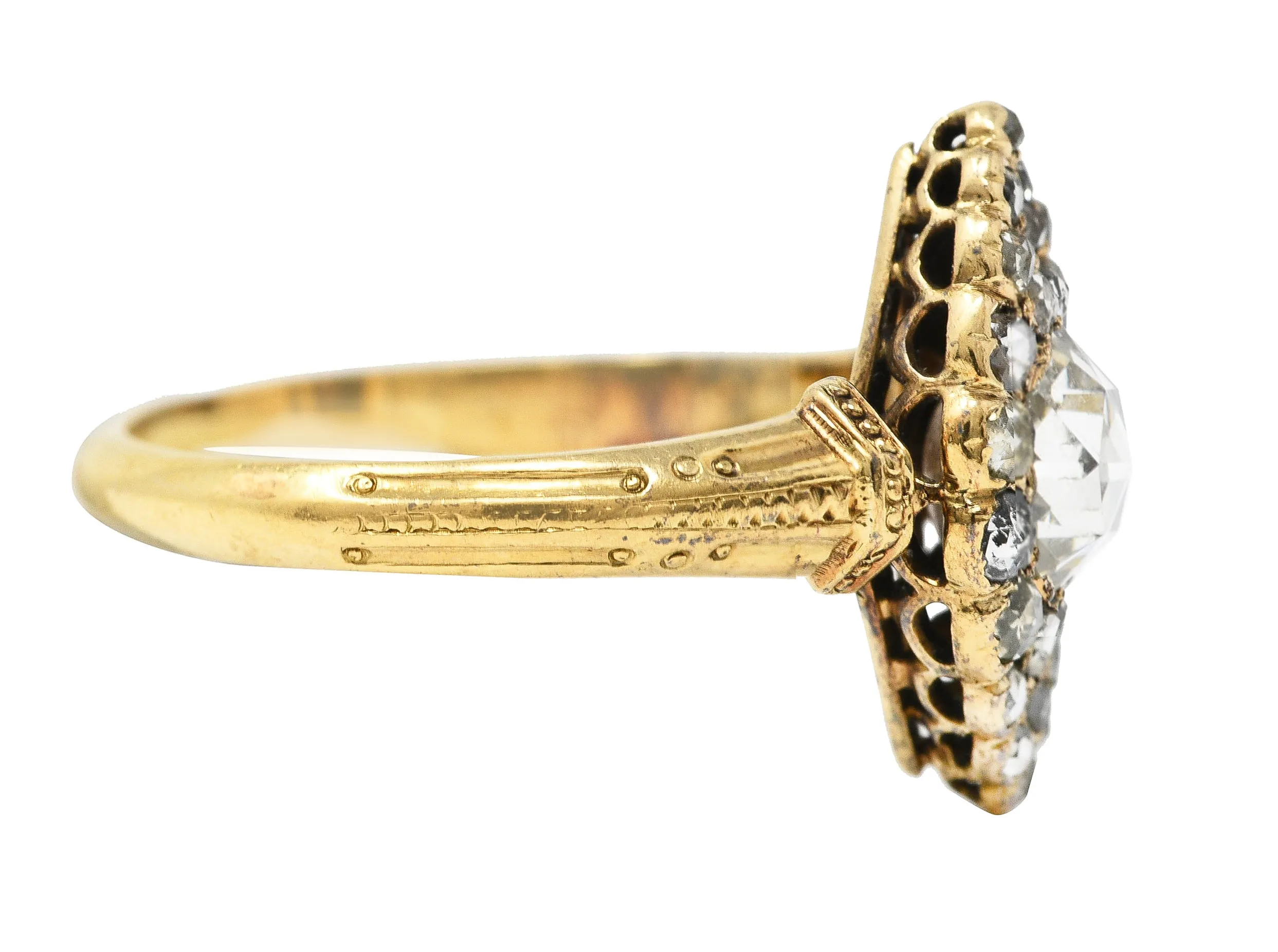 Early Victorian Rose Cut Diamond 18 Karat Yellow Gold Antique Navette Alternative Cluster Ring