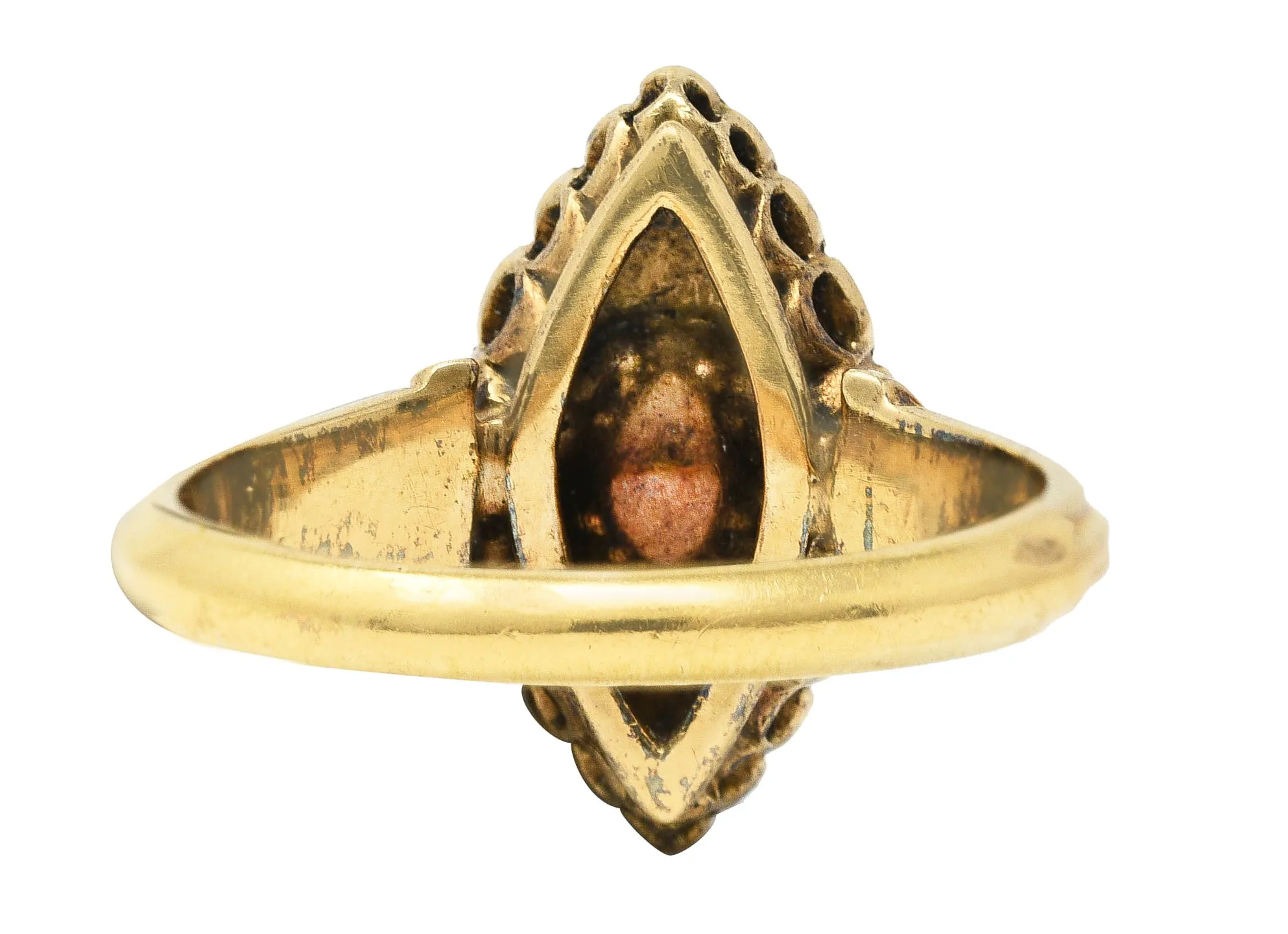 Early Victorian Rose Cut Diamond 18 Karat Yellow Gold Antique Navette Alternative Cluster Ring