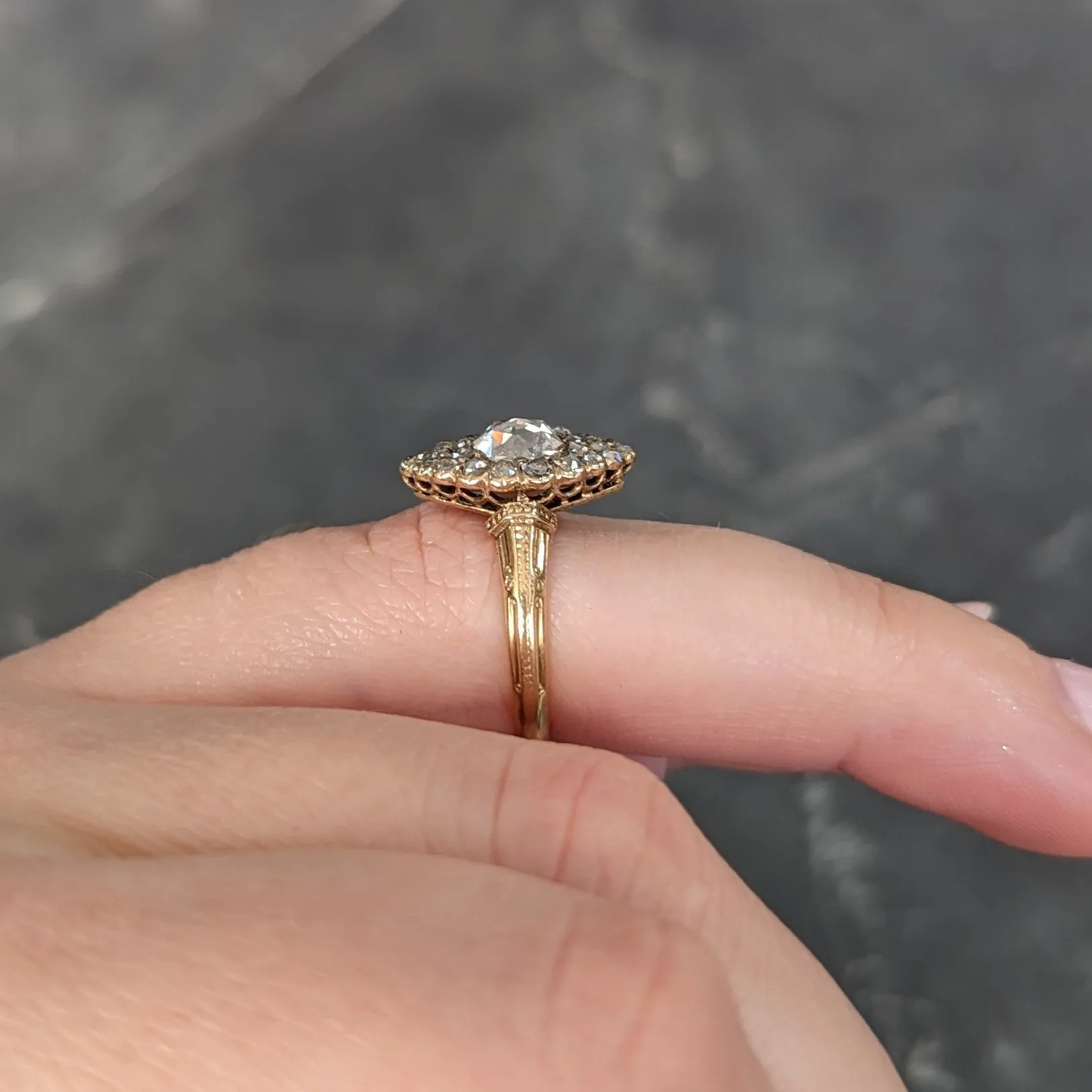 Early Victorian Rose Cut Diamond 18 Karat Yellow Gold Antique Navette Alternative Cluster Ring