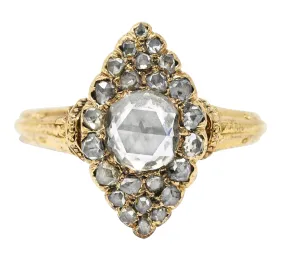Early Victorian Rose Cut Diamond 18 Karat Yellow Gold Antique Navette Alternative Cluster Ring