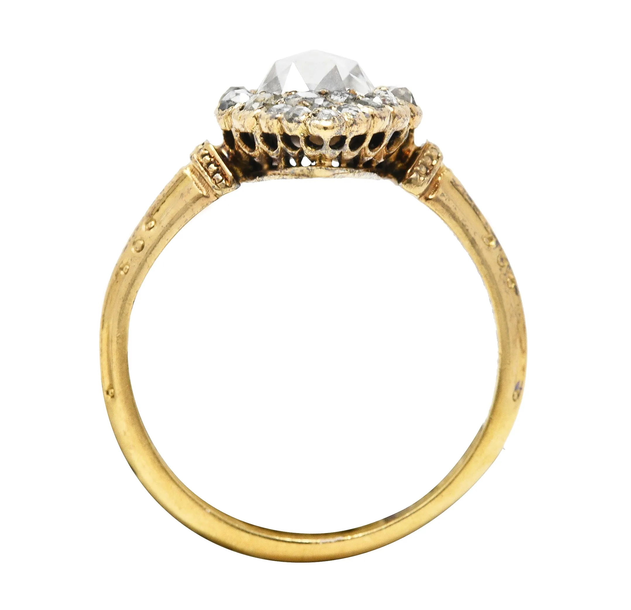 Early Victorian Rose Cut Diamond 18 Karat Yellow Gold Antique Navette Alternative Cluster Ring