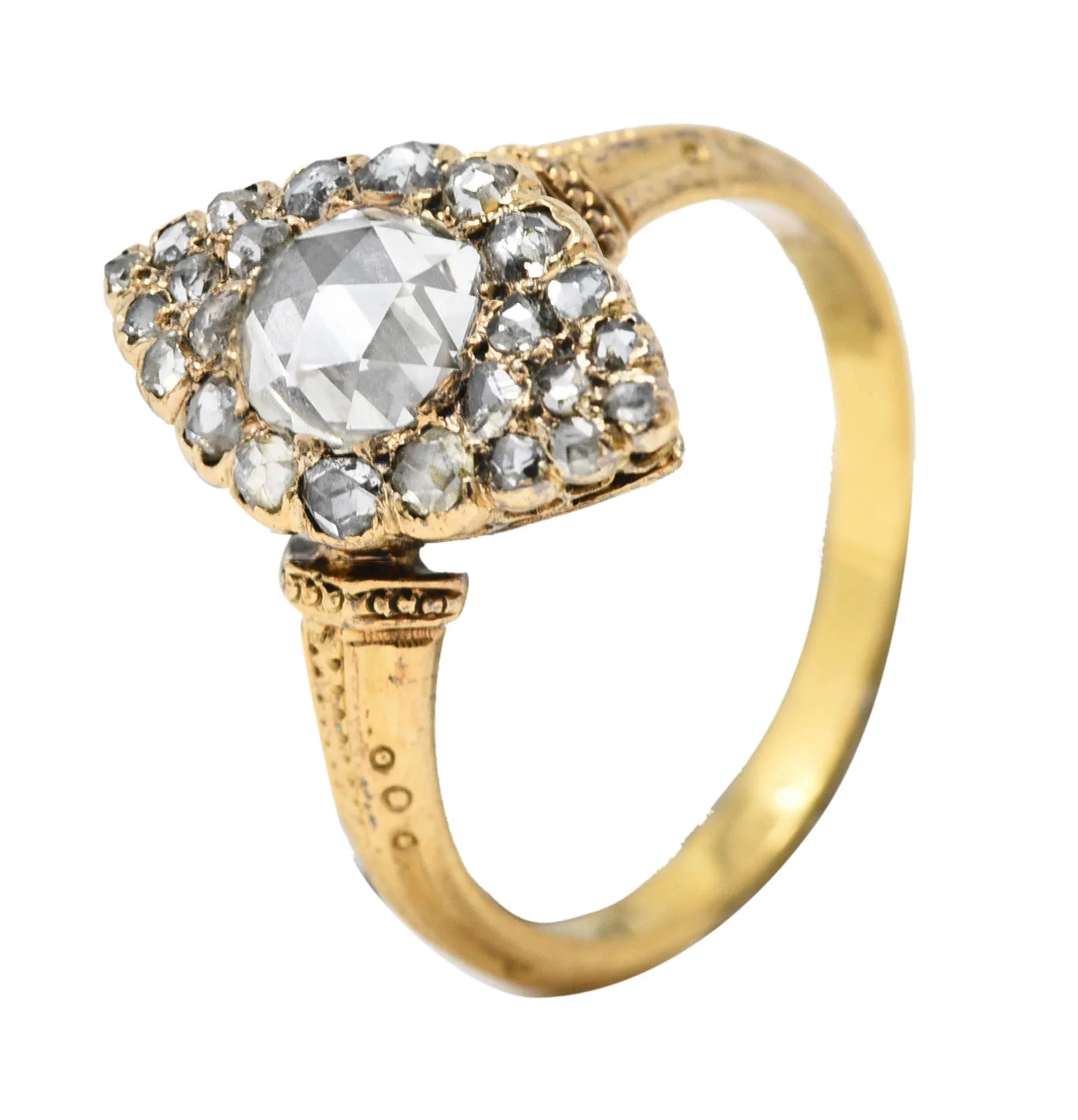 Early Victorian Rose Cut Diamond 18 Karat Yellow Gold Antique Navette Alternative Cluster Ring
