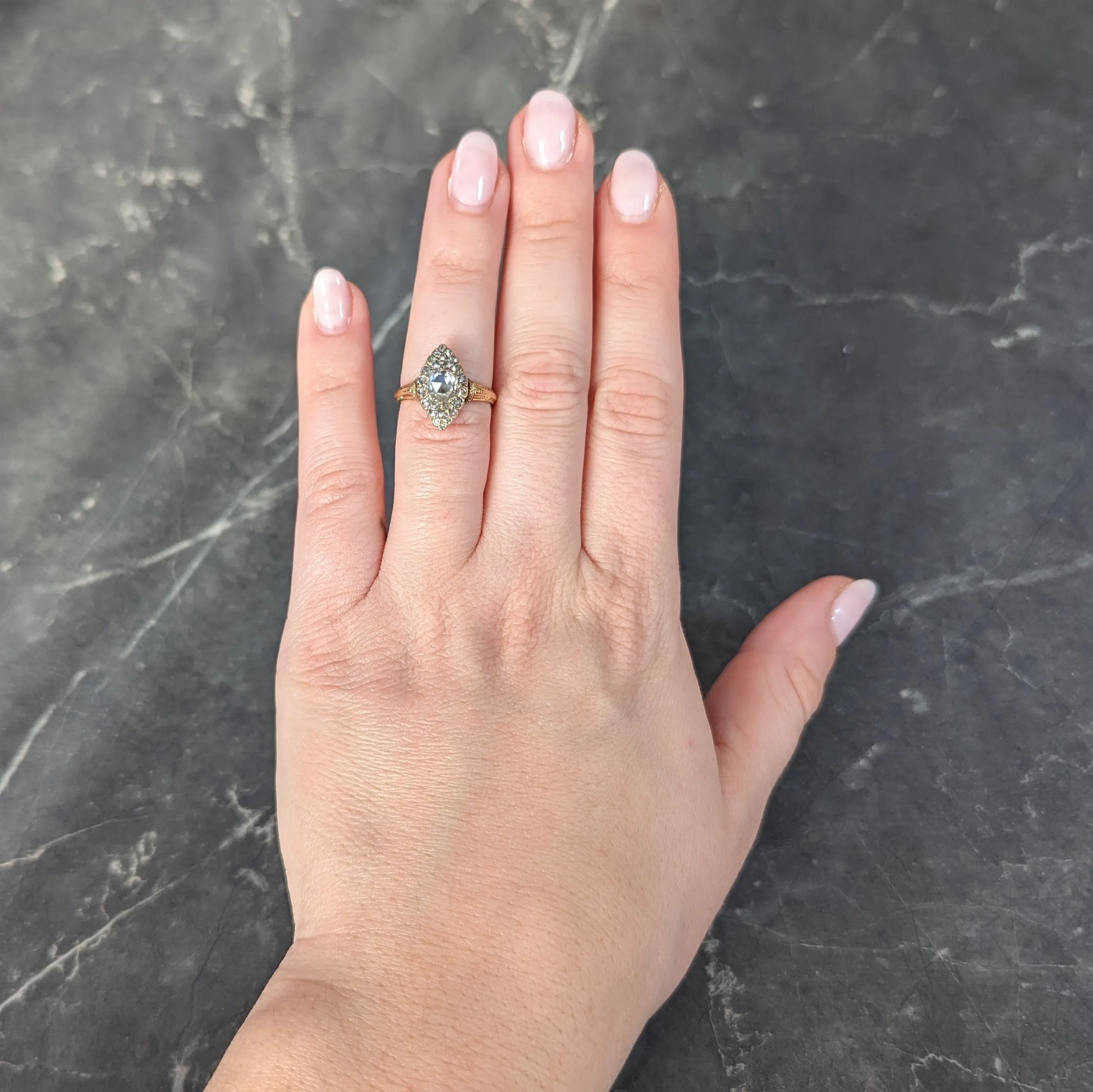 Early Victorian Rose Cut Diamond 18 Karat Yellow Gold Antique Navette Alternative Cluster Ring