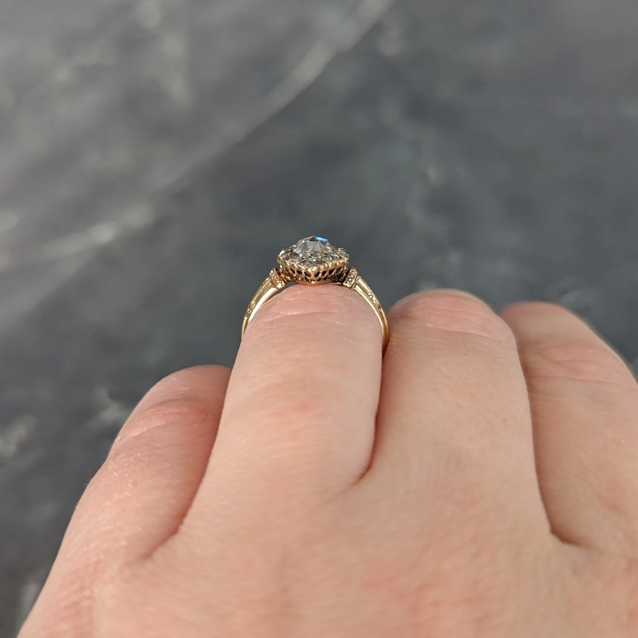 Early Victorian Rose Cut Diamond 18 Karat Yellow Gold Antique Navette Alternative Cluster Ring