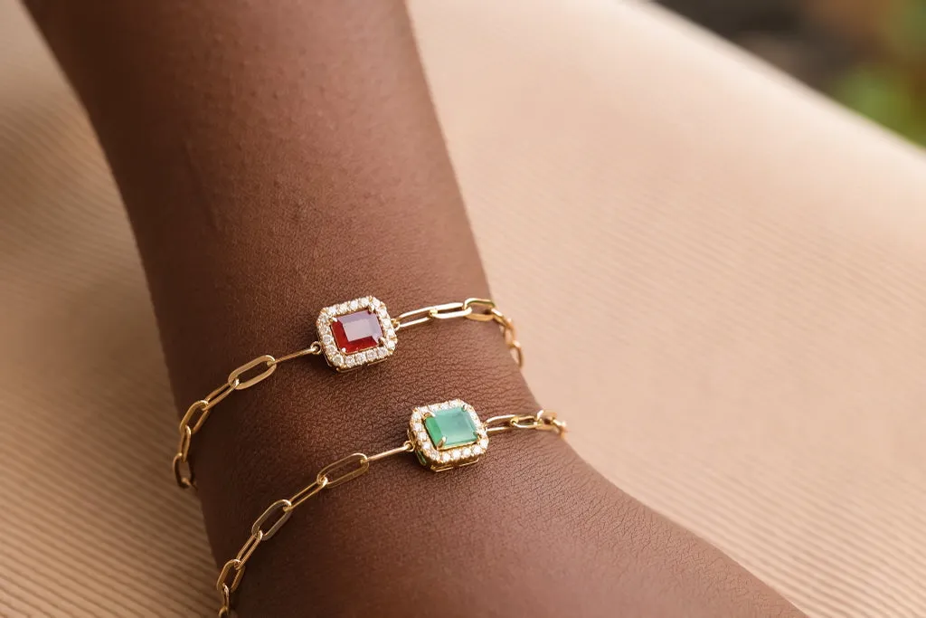 Emerald East West Halo Station Paperclip Link Gold Bracelet