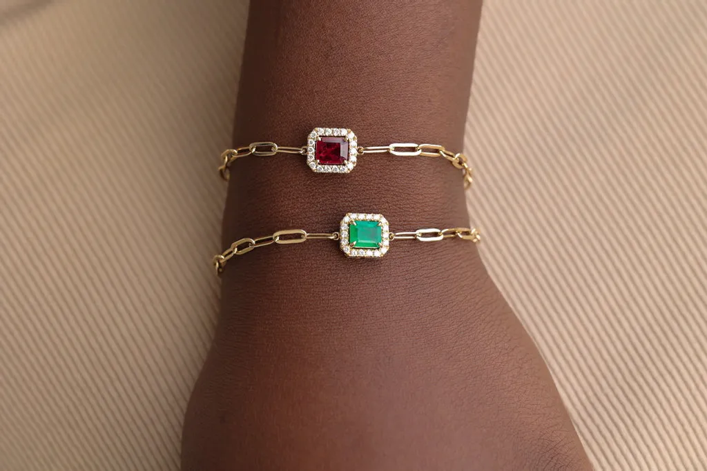 Emerald East West Halo Station Paperclip Link Gold Bracelet