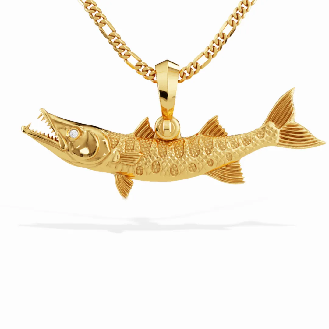 Exquisite 3D Barracuda Fish Pendant with Diamond Eyes | 14k Gold