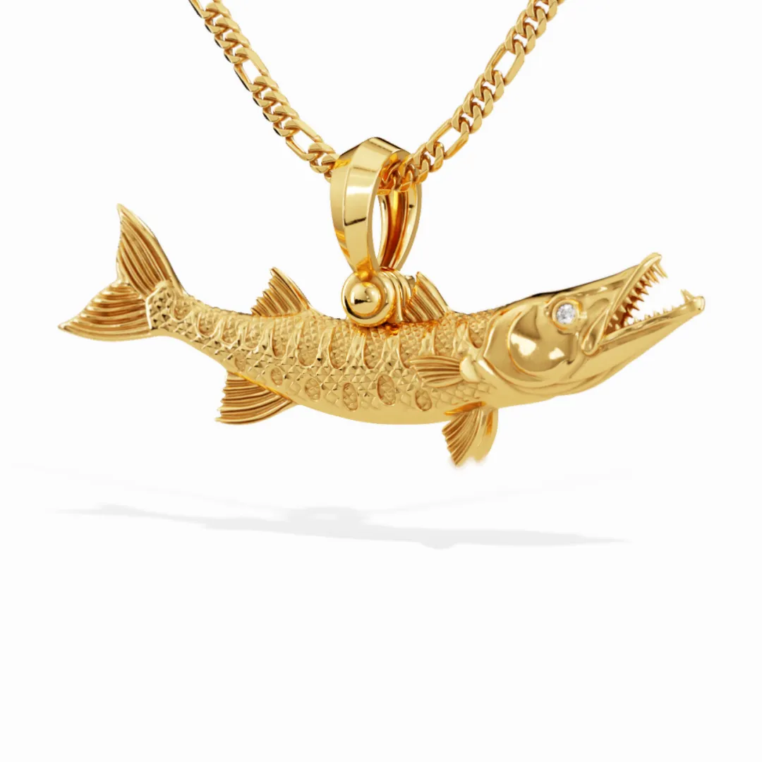 Exquisite 3D Barracuda Fish Pendant with Diamond Eyes | 14k Gold